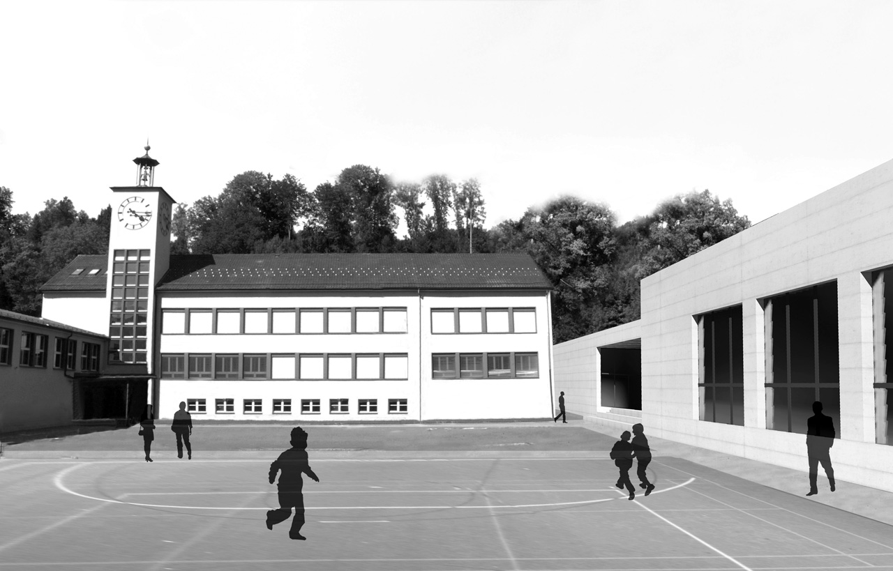 Visualisierung Schulhausplatz mit Neubau Turnhalle 